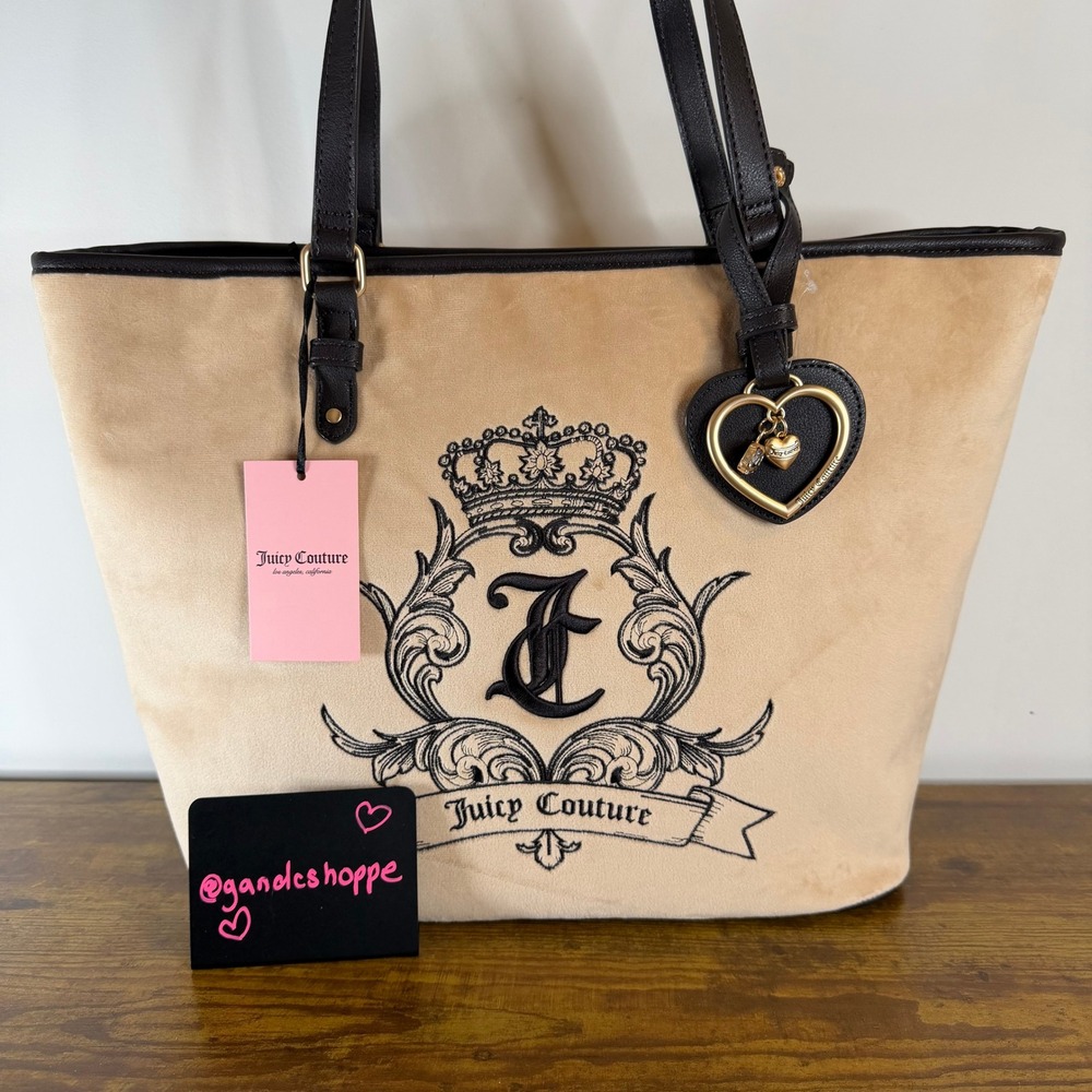 New Juicy Couture Need More Large Tote Shoulder Handbag Beige Brown Charm Y2K